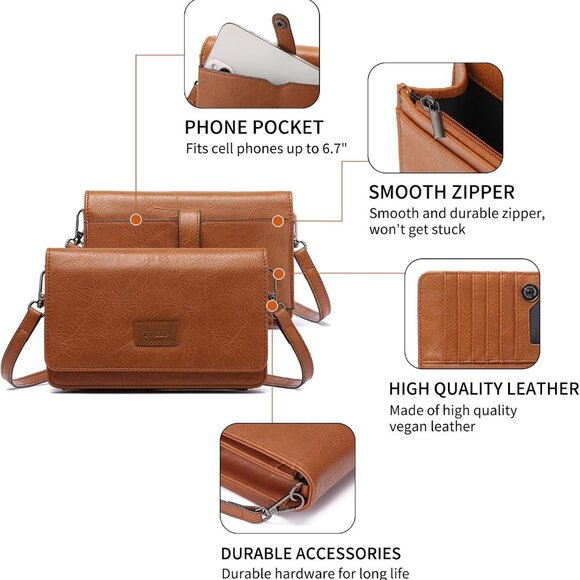 Elegant Vegan Leather Crossbody Bag with RFID Protection - Brown 4.72x7.48 In. - Picture 4 of 6